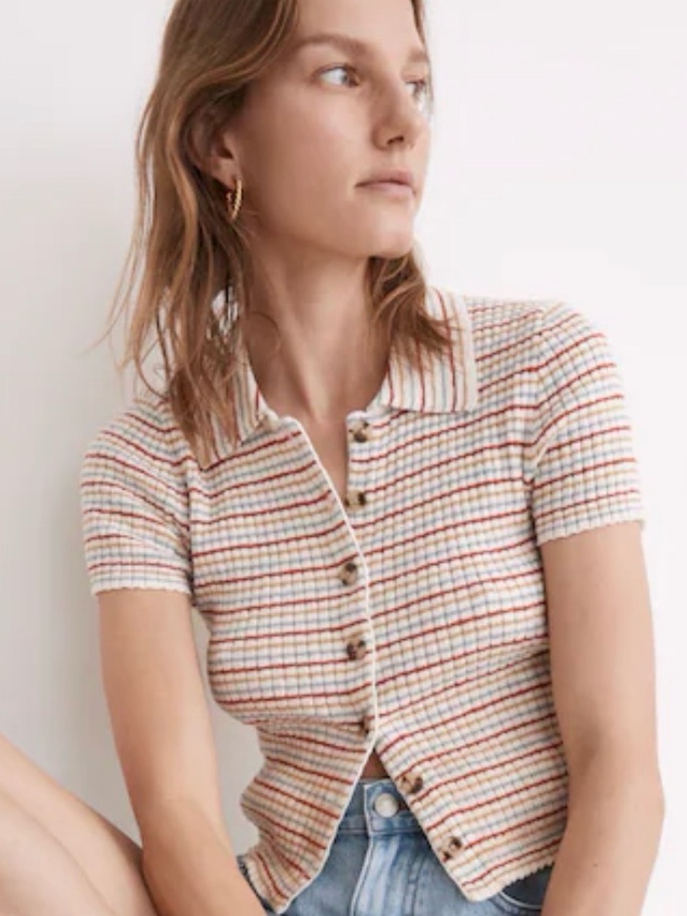 Madewell Barbrook Button-Front Sweater Polo in Stripe Medium